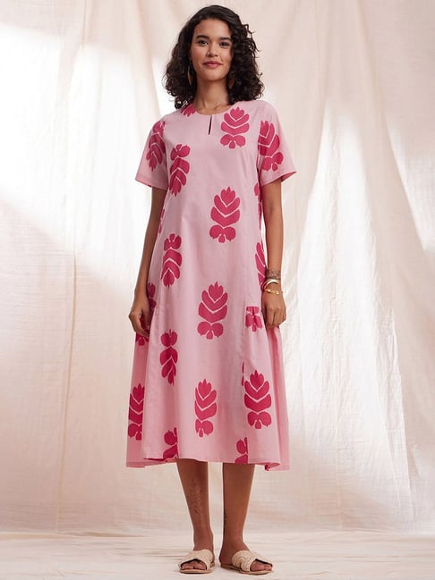 Pink Fort Pink Cotton Printed Midi Dress