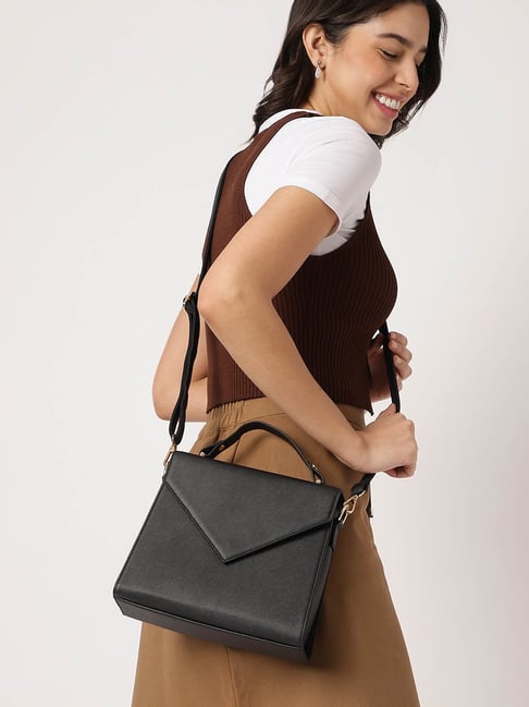 Fastrack Black Faux Leather Solid Satchel Handbag