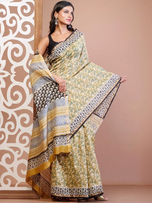 Unnati Silks Yellow Printed Saree With Unstitched Blouse-picture-24