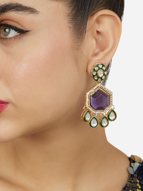 Zaveri Pearls Purple Stone Green Meenakari Austrian Diamonds Embellished Dangle Earrings-ZPFK18065-picture-15