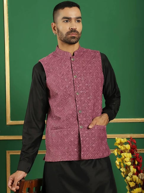 Jompers Magenta Regular Fit Embroidered Nehru Jacket