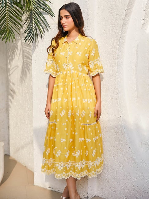 Biba Yellow Cotton Printed Tiered Ethnic Dress