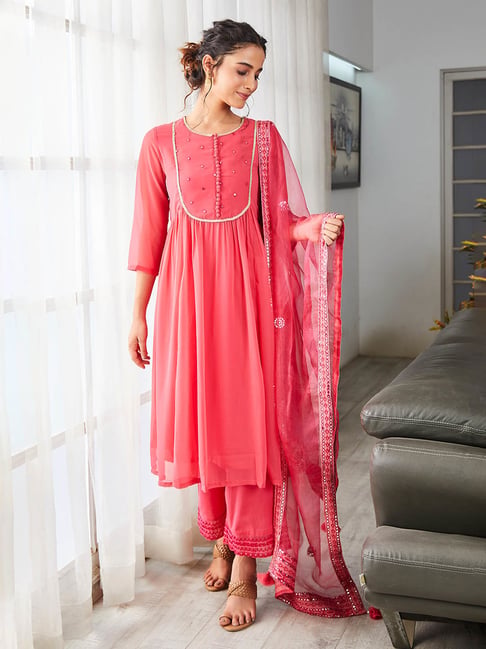 Biba Pink Embroidered Kurta With Palazzo & Dupatta
