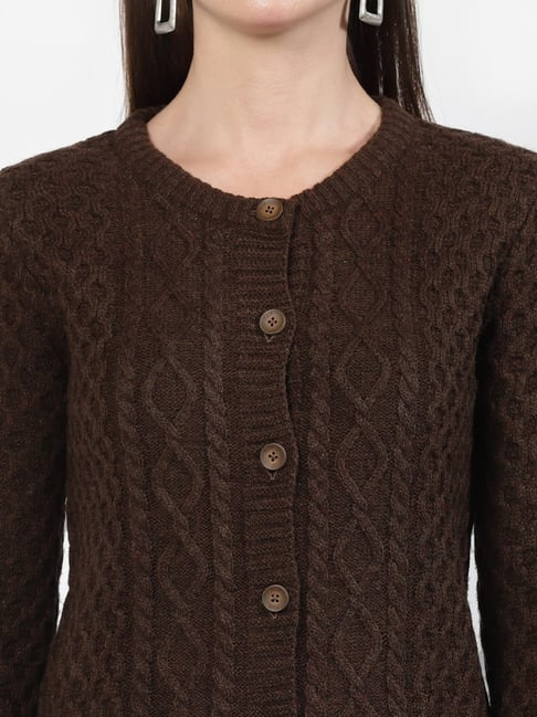 Kalt Dark Brown Self Design Cardigan