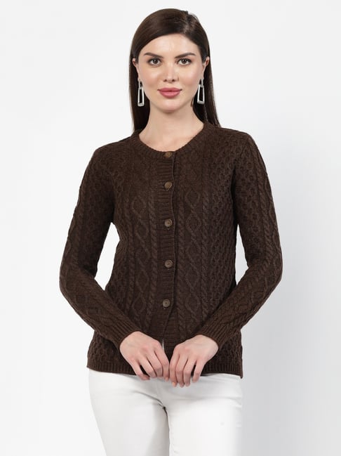 Kalt Dark Brown Self Design Cardigan