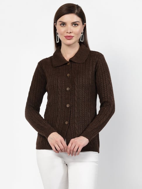 Kalt Dark Brown Self Design Cardigan