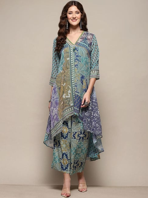 Biba Blue Printed Kurti Palazzo Set With Inner