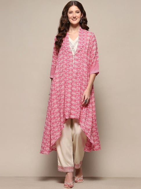 Biba Pink Cotton Printed Kurti Pant Set With Jacket