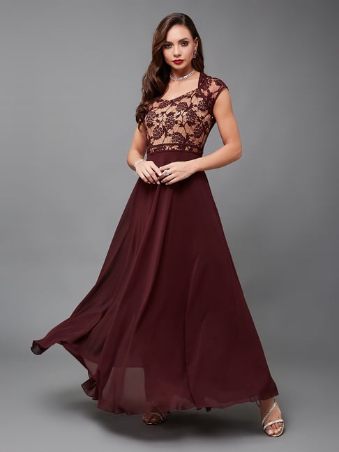 Miss Chase Beige & Wine Floral Print Maxi Dress