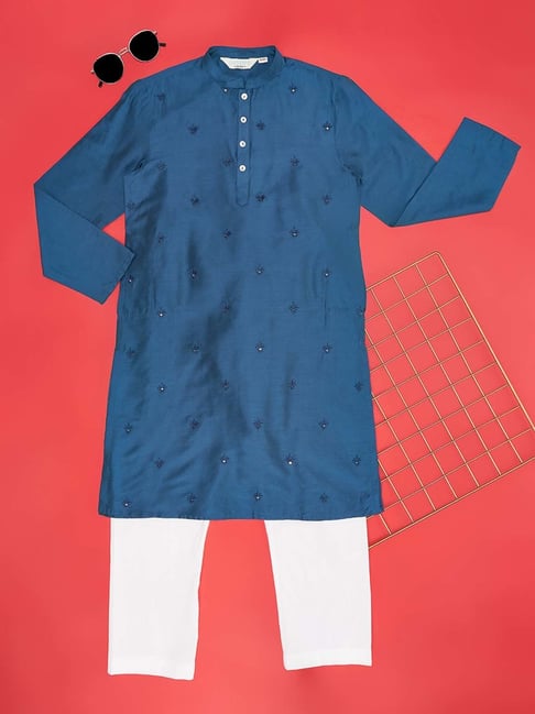 Indus Route by Pantaloons Kids Navy & White Embroidered Full Sleeves Kurta Set-picture-38