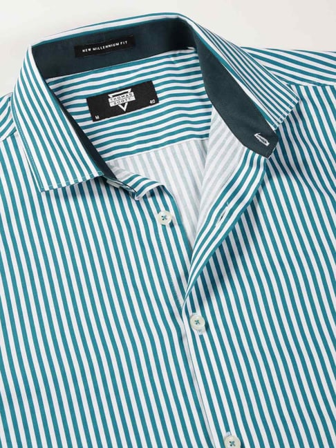Thomas Scott Turquoise Regular Fit Striped Shirt