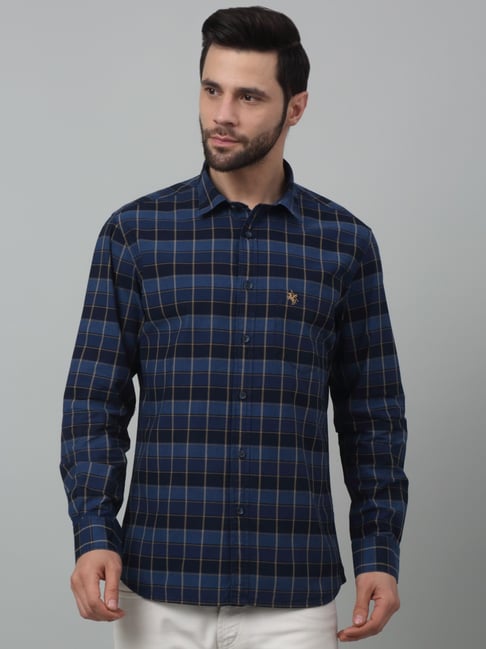Cantabil Navy Blue Regular Fit Checks Shirt