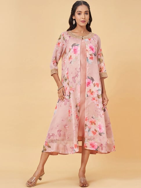 Rangmanch by Pantaloons Peach Floral Print A-Line Dress With Shrug