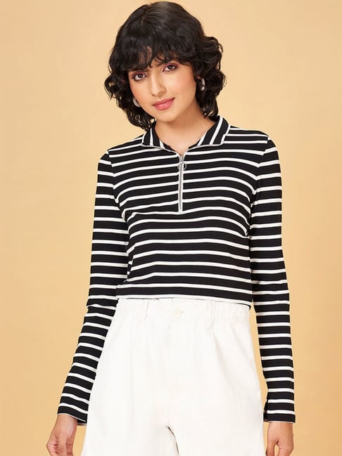 People by Pantaloons Jet Black Striped Crop Top-picture-35