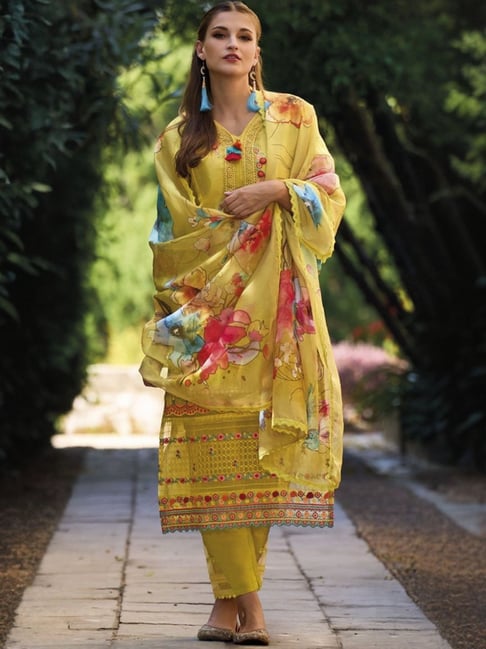 Autumnlane Yellow Nida Amber Full Embroidery Pakistani Kurta with Pant and  Dupatta
