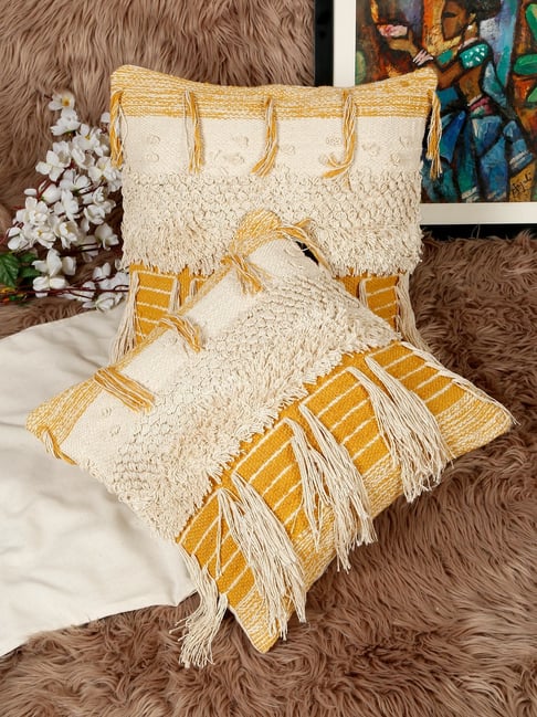 HOSTA HOMES Woven Yellow Cotton Handcrafted Cushion Covers- Set of 2-image-49