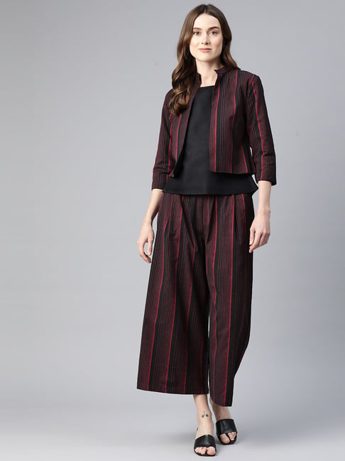 Cottinfab Black & Maroon Cotton Striped Co-Ord Set