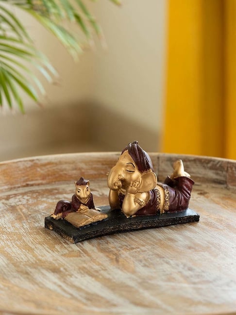 ExclusiveLane Brown & Golden Resin Reading Ganesha Idol-picture-28