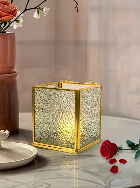 FOS LIGHTING Warm Glow Golden Mild Steel Tea Light Holder with Textured Glass