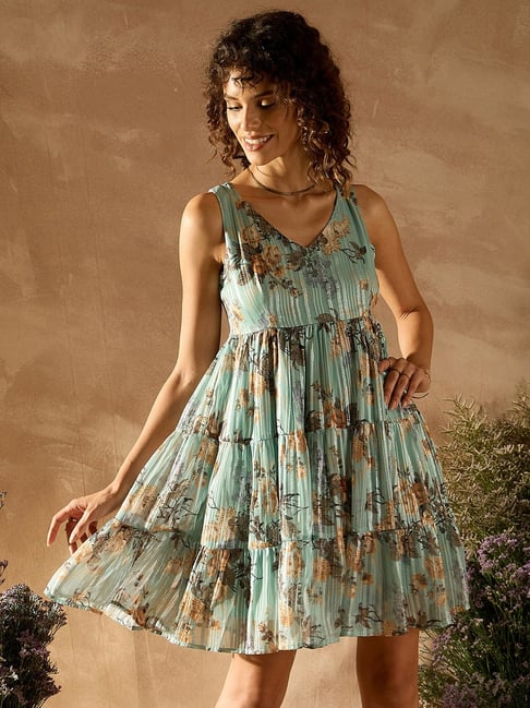 KASSUALLY Aqua Floral Print Fit Flare Dress