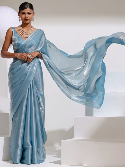 Buy Swtantra Sky Blue Embellished Saree With Unstitched Blouse for