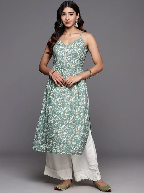 Varanga Sea Green Cotton Floral Print A Line Kurta-picture-19
