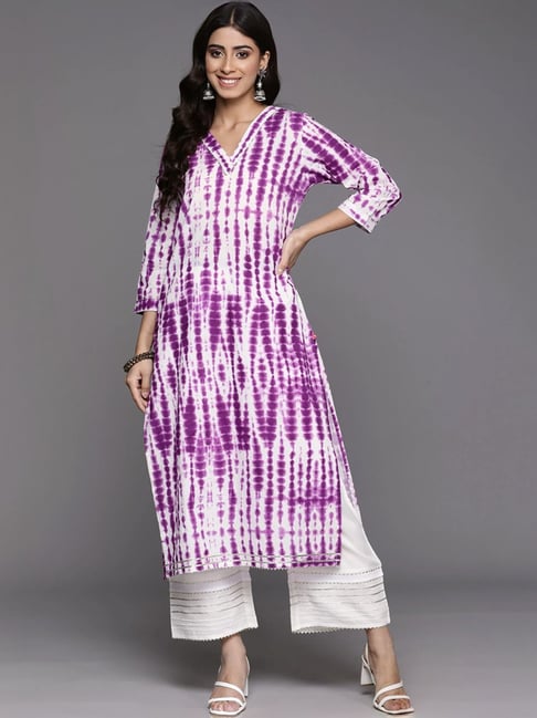 varanga India White & Purple Cotton Printed Straight Kurta-picture-11
