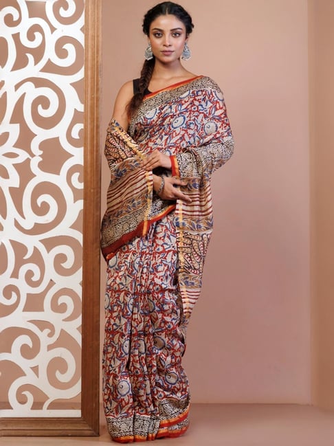 Unnati Silks Red Floral Print Saree With Unstitched Blouse-picture-27