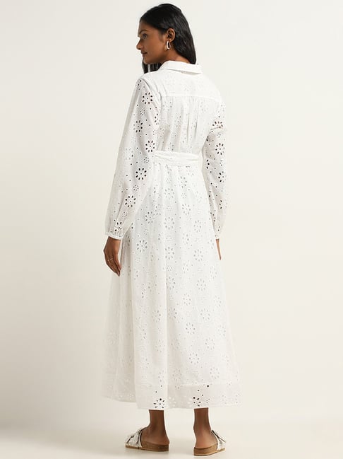 LOV by Westside White Schiffli Shirt Cotton Dress with Belt