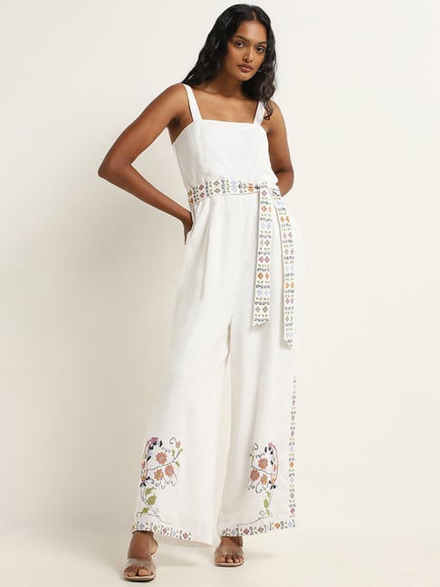 LOV by Westside White Floral Cotton Jumpsuit with Belt