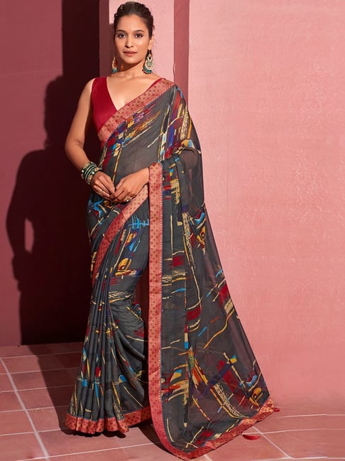 Satrani Grey Printed Saree With Unstitched Blouse-image-18