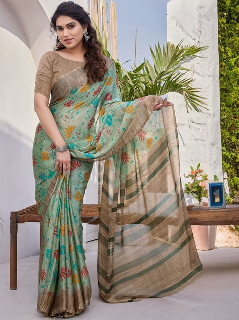 MIRCHI FASHION Dusty Green Floral Print Saree With Unstitched Blouse-picture-18