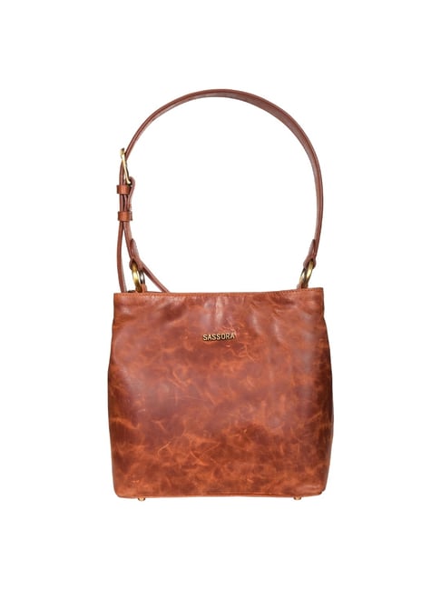 Buy SASSORA UNFOLD Brown Leather Small Shoulder Bag at Best Price