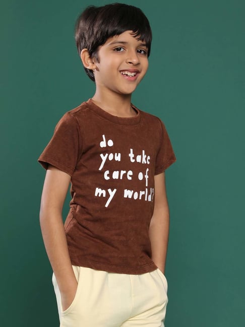 Tales Stories Boys Brown Cotton Printed T Shirt