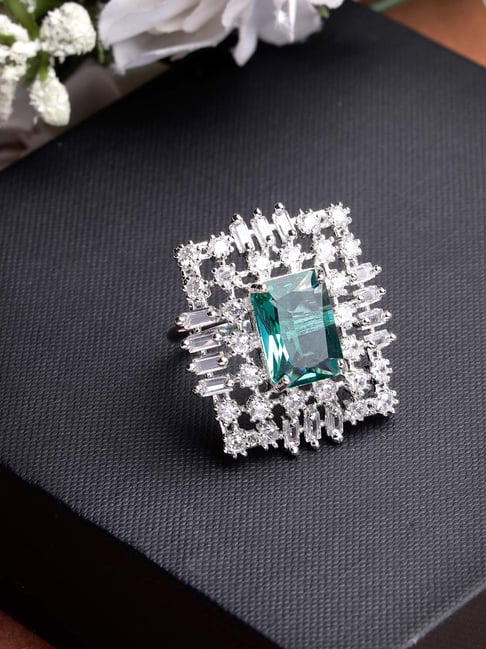 NVR Green & Silver CZ-Studded Square-Shaped Adjustable Finger Ring for Women