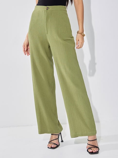 Styli Green Cotton Straight Fit Mid Rise Trousers