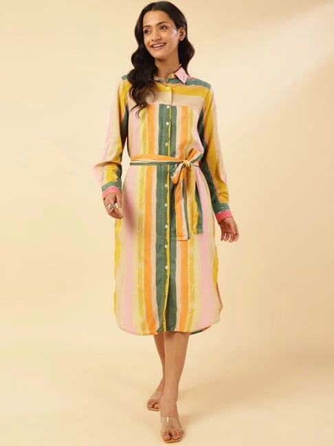 multi coloured striped shirt dress Cute Rainbow Striped Dress - Long Sleeve Dress - Shirt Dress