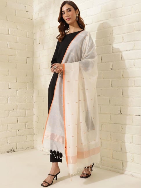 fabindia Beige Cotton Silk Blend Banarasi Dupatta-picture-21