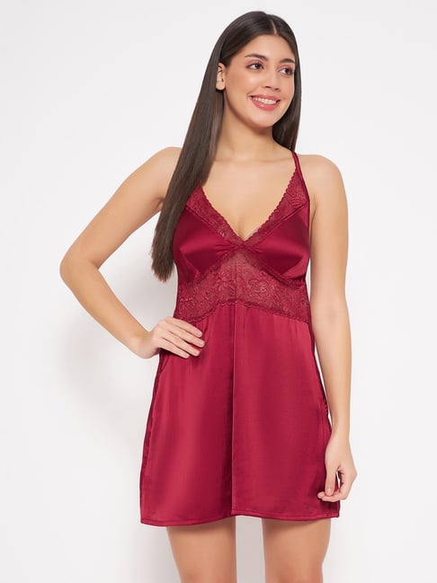 Clovia Maroon Lace Work Babydoll-picture-27