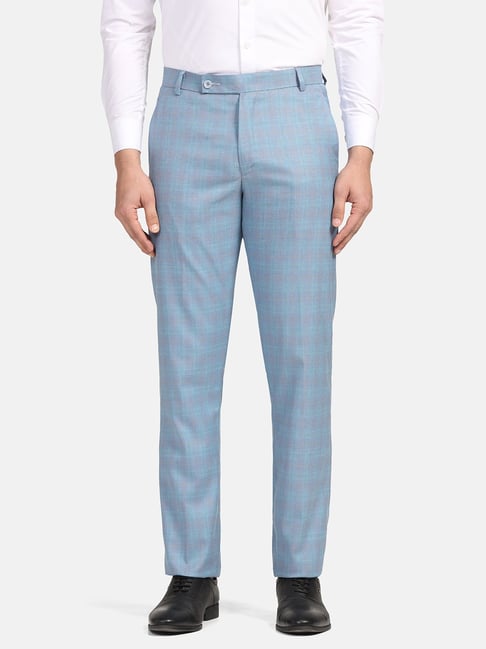 TAHVO Sky Blue Regular Fit Flat Front Trousers-picture-32