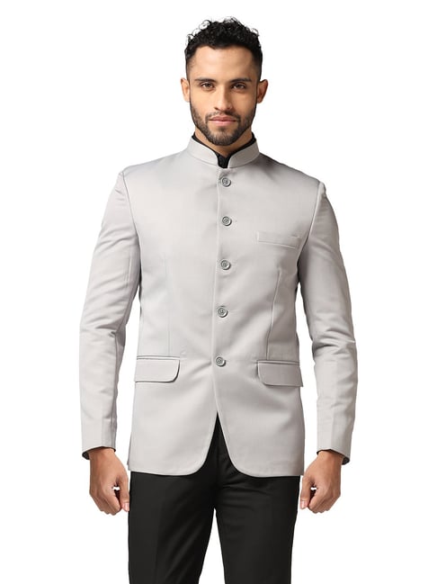 TAHVO Grey Regular Fit Mandarin Collar Blazer