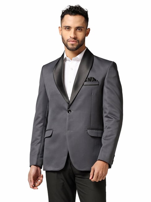 TAHVO Dark Grey Regular Fit Shawl Collar Tuxedo Blazer