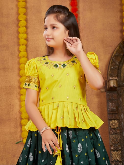 Aarika Kids Yellow Dark Green Embroidered Lehenga with Choli