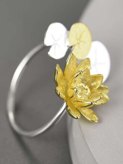 Rihi by P.C. Chandra Jewellers 925 Silver Lotus with Leaves Ring for Women & Girls