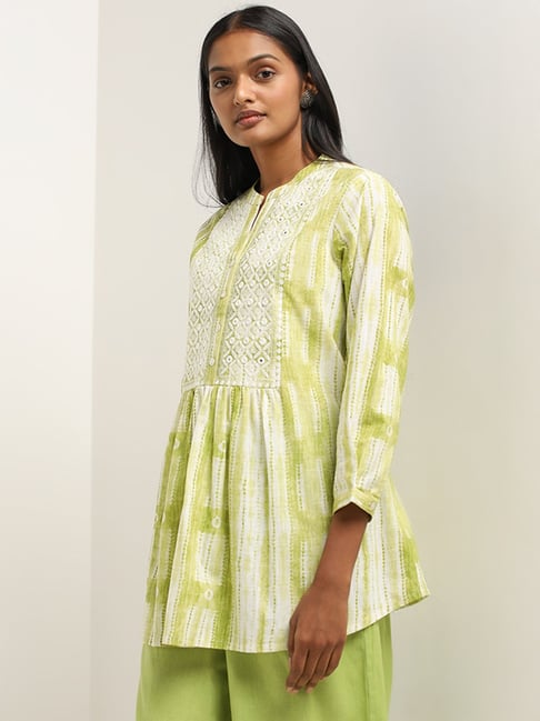 Utsa by Westside Green Abstract Printed A-Line Cotton Kurti