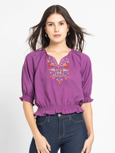 SHAYE Purple Embroidered Crop Top-picture-16