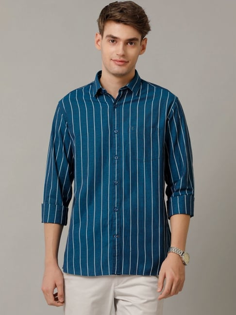 Cavallo By Linen Club Blue Linen Contemporary Fit Striped Shirt