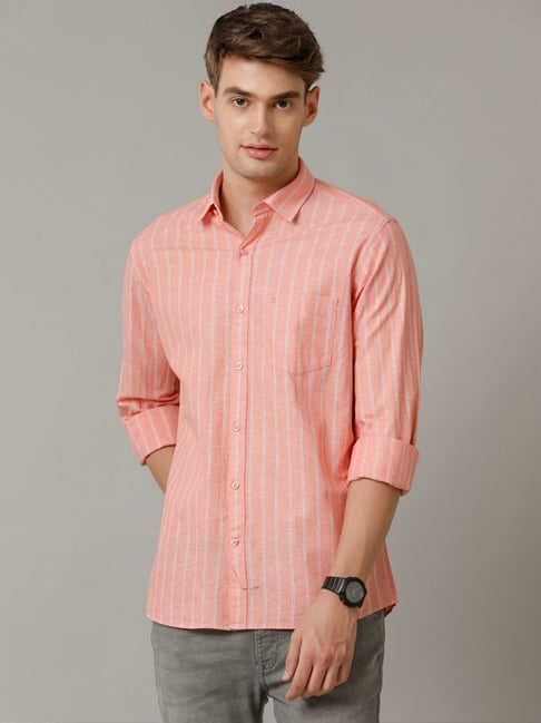 Cavallo By Linen Club Orange Linen Contemporary Fit Striped Shirt