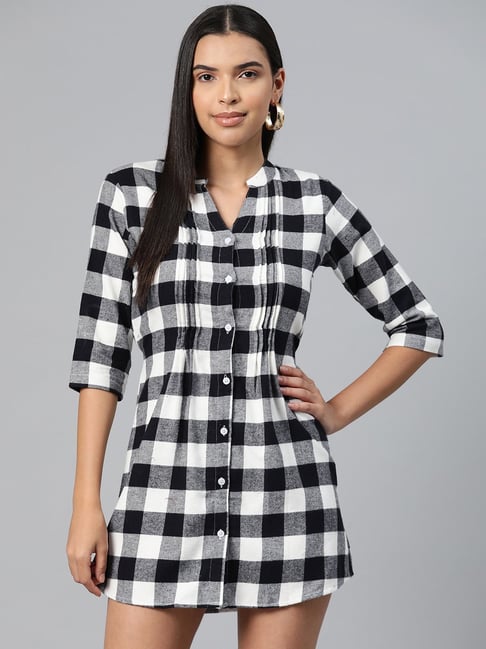 One Femme Black White Cotton Check Shirt Dress