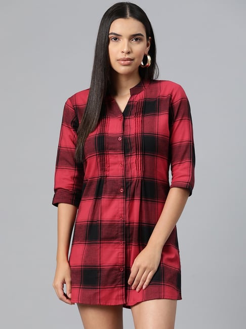 One Femme Red Black Cotton Check Shirt Dress